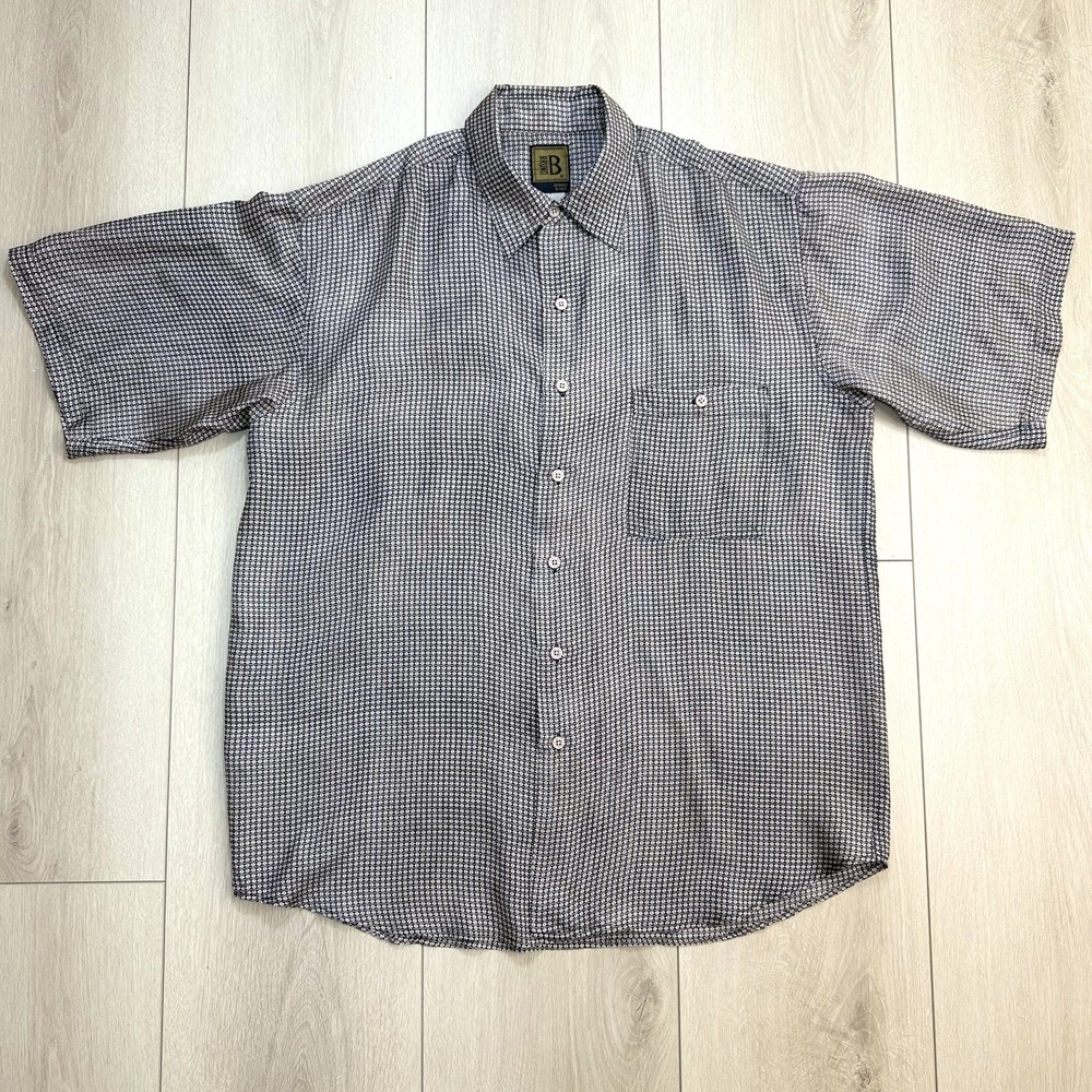 Bruno B 100% Silk Button Up Shirt Mens L Geometric Triangle Print Short Sleeve